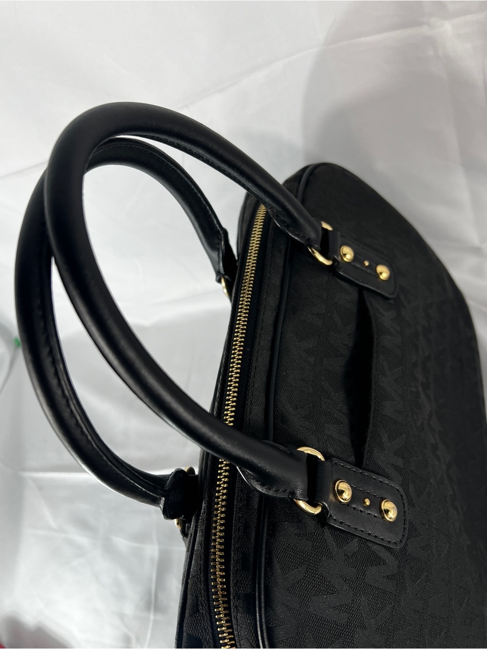 Michael Kors Black MK Signature Jacquard Satchel Bowler Bag Leather Trim Large - Picture 5 of 16